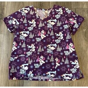 Disney Frozen Olaf "Chill Out" V Neck Scrub Top Snowing Winter Pines Purple XL